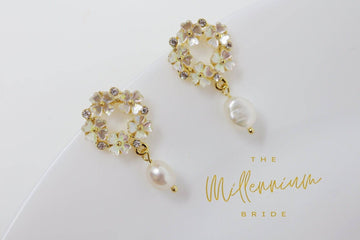 freshwater Pearl Swarovski Crystals Floral Stud earring, 925 Sterling Silver White Flower Drop Earrings, Statement Earrings, Bridal Jewelry.